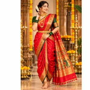 Royal Nauvari Red Saree – Traditional Maharashtrian Style