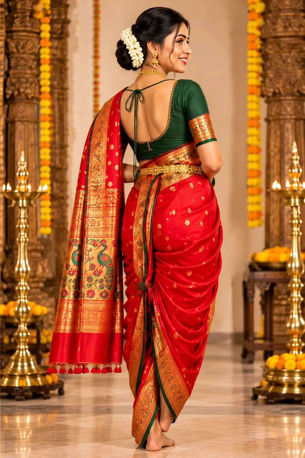Festive Red Saree in a Temple Setting