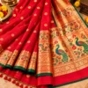 Luxurious Red Silk Saree with Peacock Zari