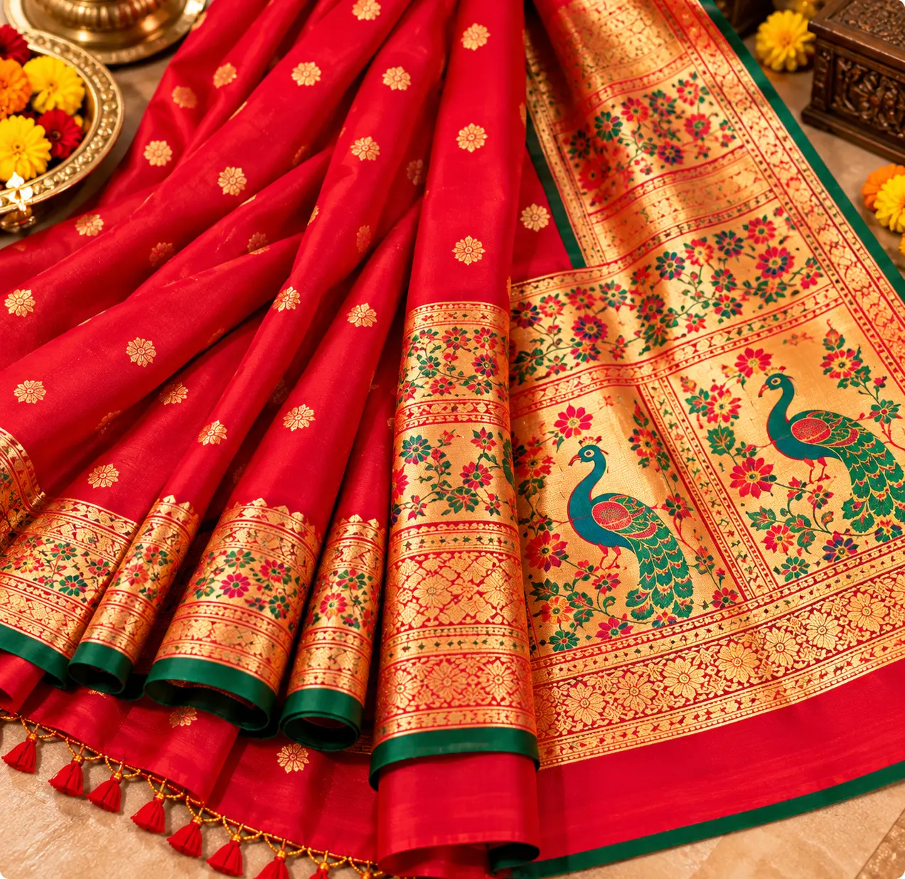 Luxurious Red Silk Saree with Peacock Zari